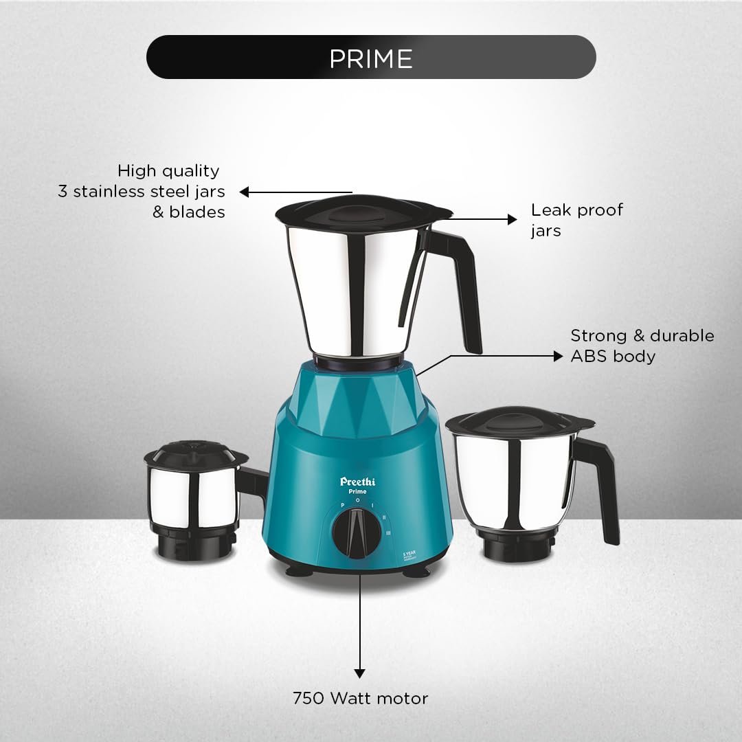 Preethi Prime Mixer Grinder for Kitchen I 3 Jars | 750 Watt